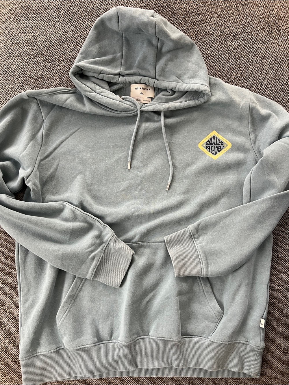 Quiksilver Men's Hoodie in Sage Blue-Green with Yellow Logo
